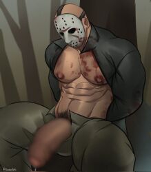 1boy 1male abs balls bara biceps big_balls big_penis bulge censored erection foreskin friday_the_13th gay hi_res highres hockey_mask jason_voorhees llamasart male male_focus male_only male_pubic_hair mask muscular muscular_male no_male_underwear partially_retracted_foreskin penis precum precum_drip solo solo_male