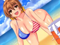 1girls alternate_breast_size alternate_costume alternate_outfit american_flag_bikini asian asian_female auburn_hair beach big_breasts bikini breasts brown_eyes dead_or_alive female female_only gaden happy huge_breasts japanese_female japanese_girl kasumi_(doa) large_breasts light-skinned_female myougi_kuraganosuke ocean sea seaside smile solo solo_female tagme voluptuous