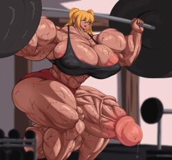 abs dark-skinned_futanari dickgirl dumbbell_nan_kilo_moteru? extreme_muscles futanari gigantic_penis gigantic_testicles gynomorph hyper_breasts intersex muscular_futanari roneesan sakura_hibiki sweat weightlifting