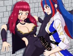 1ch 1futa 1girls against_wall alear_(female)_(fire_emblem) alear_(fire_emblem) ass_visible_through_thighs bangs bar_censor bare_midriff big_breasts big_penis blue_hair bodysuit bottomless braid breasts cape censored choker cleavage clothed clothing cock_shock duo erection facial_tattoo female fire_emblem fire_emblem_engage futa_on_female futanari hair_between_eyes hair_ornament human imminent_sex imminent_vaginal large_breasts leg_up light-skinned_female light-skinned_futanari light_skin long_hair medium_breasts midriff mostly_clothed multicolored_hair nintendo on_back open_mouth partially_visible_vulva penis red_eyes red_hair sex shocked smile spread_legs standing standing_sex star star_(symbol) sweat tattoo vaginal_penetration very_long_hair yunaka_(fire_emblem)