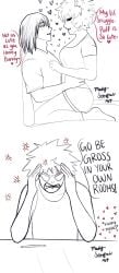 1girls 2boys anger_vein angry angry_face ashido_mina bakugou_katsuki cute eijirou_kirishima english_text face-to-face fanon_couple female flirtatious flirting flirting_with_viewer forced_to_listen funny hand_on_waist heart in_love katsuki_bakugou kirishima_eijirou kissing looking_at_partner madysenpaiart male mina_ashido my_hero_academia on_lap pet_names public_display romantic shorts sitting_on_lap text witness