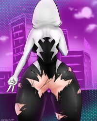 1girls adshtorm ass big_ass big_breasts big_butt black_clothing breasts female female_only from_behind gwen_stacy marvel purple_background self_upload solo spider-gwen spider-man_(series) white_clothing yellow_hair