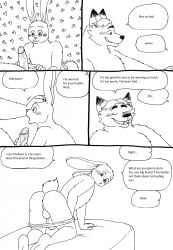 2023 anthro ass balls bernielover blush canid canine clothed clothing comic dialogue disney duo english_text erection fan_character fox genitals gideon_grey heart hi_res lagomorph leporid male male/male mammal partially_clothed penis rabbit slightly_chubby text underwear underwear_down zootopia