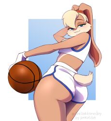 anthro ass basketball basketball_uniform blonde_hair blue_eyes bottomwear clothing female fur gloves hair handwear hi_res hotpants lagomorph leporid lola_bunny long_ears looney_tunes mammal narrowed_eyes pakusta rabbit rear_view shorts solo sportswear tan_body tan_fur uniform warner_brothers