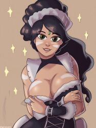 2d 2d_(artwork) black_hair breast_window french_maid french_maid_nidalee gem_on_forehead georgezero green_eyes green_eyes_female holding_breast jewel_on_forehead large_breasts league_of_legends nidalee ponytail riot_games simple_background smile tanned tanned_female tanned_skin teasing teasing_viewer the_grind_series tilio tribal_markings tribal_tattoo tribal_tattoos