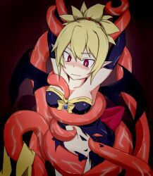 assisted_exposure bound bound_arms breasts cleavage demon_girl demon_wings disgaea disgaea_2 large_breasts mingaru nippon_ichi_software rozalin stripped_by_tentacles tentacle tied_up torn_clothes