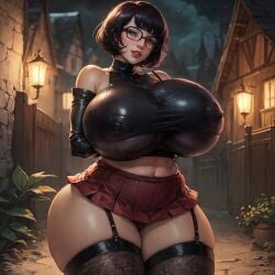 ai_generated big_breasts black_hair breasts chownyou glasses goth goth_girl hanna-barbera huge_breasts large_breasts miniskirt scooby-doo skirt velma_dinkley