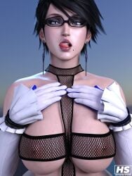 1girls 3d bayonetta bayonetta_(character) bayonetta_2 beauty_mark big_breasts bikini black_hair breasts dat_ass ear_ring female female_only fishnet_bikini fishnet_swimsuit fishnets glasses hagiwara_studio long_gloves nipples short_hair solo swimsuit tagme