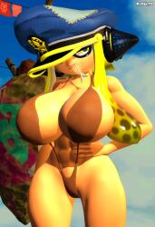 3d 3d_(artwork) abs agent_3_(splatoon) big_breasts bikini captain_(splatoon_3) captain_hat female female_only hair hand_on_hip huge_breasts inkling inkling_girl looking_at_viewer nintendo relliksb sling_bikini splatoon yellow_eyes yellow_hair