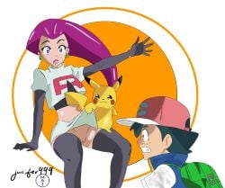 1boy 1girls clothed color colored edit female jessie_(pokemon) jucifer999 male microskirt midnightashsinc open_mouth pikachu pokemon pokemon_(species) pulling_clothing pussy satoshi_(pokemon) shocked skirt smile smug teeth upskirt