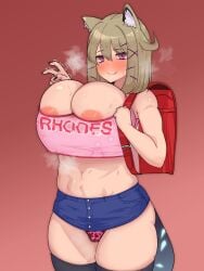 1girls animal_ears areolae arknights backpack belly blonde_hair blush breasts embarrassed huge_breasts large_breasts panties peace_sign pink_hair solo tail thick_thighs thighs undersized_clothes utage_(arknights) wa_wa_waia