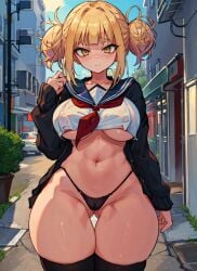 1girls ai_generated big_breasts blonde_hair curvaceous curvy female_only hair_bun hi_res highleg_panties himiko_toga large_breasts mabi_ai midriff my_hero_academia navel panties pantsu school_uniform skindentation thick_thighs thigh_gap thighhighs thong toga_himiko underboob wide_hips yellow_eyes