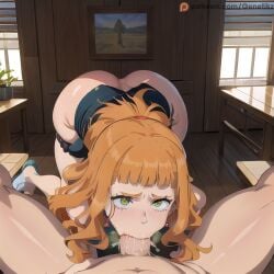 ai_generated ass ass_view big_ass big_butt black_clover blowjob deep_throat deepthroat drooling genetikz light-skinned_male long_hair mimosa_vermillion orange_eyes orange_hair pants_down penis sucking sucking_penis tearing_up tears teenage_girl teenager