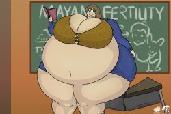 1girls ass belly book breasts brown_hair chalkboard chalkboard_drawings chalkboard_writing cleavage cleverfoxman desk fat female female_focus female_only green_eyes helen_(brewheardt) hips hyper hyper_ass hyper_belly hyper_breasts large_ass large_belly large_breasts overweight overweight_female property_damage school school_desk skirt stomach teacher thick_thighs thighs wardrobe_malfunction wide_hips