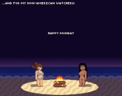 2girls barefoot beach bikini black_hair breasts brown_hair campfire clothed_female_nude_female grey_bikini long_hair multiple_girls navel newd_friend nipples nude nude_female ponytail ponytail_gorl pussy sprite_art thelewderturner