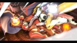 3d_(artwork) anthro bandai_namco big_breasts breasts canid canine charizard crossover digimon digimon_(species) digital_media_(artwork) dragon duo female fight fire fur generation_1_pokemon genitals hand_on_breast magic mammal membrane_(anatomy) membranous_wings nintendo nipples non-mammal_breasts non-mammal_nipples pokemon pokemon_(species) pussy renamon reptile scalie source_filmmaker tail tigura wings yellow_body yellow_fur