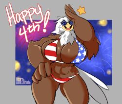 1girls 4th_of_july abs american_flag_bikini anthro anthro_only avian bald_eagle beak bikini bird brown_body busty feathers female_only fireworks furry furry_only hand_gesture hand_on_hip huge_breasts looking_at_viewer midriff neck_tuft night_sky open_beak open_mouth salute solo solo_female solraticart standing star sunglasses swimsuit tail text thighs