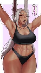 1girls abs breasts bunny_ear dark-skinned_female gud0c huge_breasts miruko muscular muscular_female my_hero_academia red_eyes rumi_usagiyama sleepy sports_bra sportswear stretching thick thick_thighs usagiyama_rumi waking_up white_hair yawn