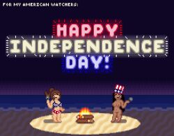 2girls 4th_of_july american_flag_bikini barefoot beach bikini black_hair breasts brown_hair campfire clothed_female_nude_female hat long_hair multiple_girls naked_hat navel newd_friend nipples nude nude_female ponytail ponytail_gorl pussy sparkling sprite_art thelewderturner