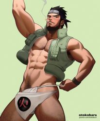 1boy abs bara beard biceps black_hair blush body_hair bracelet bulge chest_hair cigarette cigarette_in_mouth dilf facial_hair flaccid forehead_protector fundoshi gay hairy hairy_chest hairy_legs hairy_male hairy_thighs headband hi_res high_resolution highres human human_only jacket jockstrap konohagakure_symbol light-skinned_male light_skin looking_at_viewer looking_down male male_focus male_only mature mature_male muscles muscular muscular_male muscular_thighs naruto naruto_(classic) naruto_(series) naruto_shippuden otokobara pecs pinup pose posing pubes pubic_hair sarutobi_asuma shounen_jump sleeveless sleeveless_shirt smoking solo solo_focus solo_male thick_thighs thighs white_fundoshi