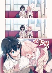 2girls breast_pillow breasts closed_eyes comic female female_only large_breasts original original_character sleeping smile train train_interior