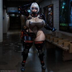 ai_generated cleavage cyberpunk cyborg huge_breasts plump short_hair sweetai thick_thighs white_hair