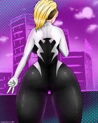 1girls adshtorm ass asymmetrical_hair big_ass big_breasts big_butt black_clothing breasts female female_only gwen_stacy marvel purple_background self_upload solo spider-gwen spider-man_(series) white_clothing yellow_hair