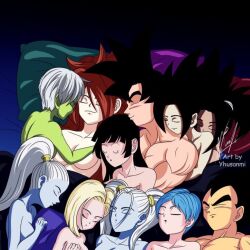 2boys 9girls android_18 android_21 android_21_(human) angel_(dragon_ball) bulma bulma_(dragon_ball) bulma_briefs caulifla cheelai chichi dragon_ball female happy harem kale male marcarita multiple_boys multiple_girls naked naked_female short_hair sleeping son_goku twintails vados vomi_(dragon_ball) yhusanmi