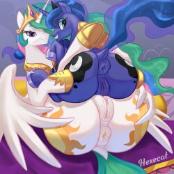 absurd_res alcohol anatomically_correct anatomically_correct_genitalia animal_genitalia anus ass ass_to_ass beverage duo equid equine female female/female feral friendship_is_magic genitals hasbro hexecat hi_res horse mammal my_little_pony pony princess_celestia_(mlp) princess_luna_(mlp) puffy_anus pussy smile