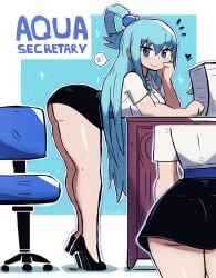 1girls aqua_(konosuba) ass ass_shot bent_over_table big_ass big_breasts black_skirt blue_eyes blue_hair blush breasts chair dat_ass female female_only footwear hair heart heels huge_ass huge_breasts kono_subarashii_sekai_ni_shukufuku_wo! legs long_hair looking_at_viewer office_lady paper pencil_skirt secretary skirt smile solo solo_female speech_bubble thighs tony_welt