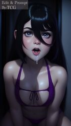 1girls ai_generated bed bikini black_hair blue_eyes cum_drip cum_dripping cum_dripping_from_mouth cum_in_mouth lingerie looking_at_viewer pale_skin pixar the_incredibles the_incredibles_2 thechronicgamer violet_parr