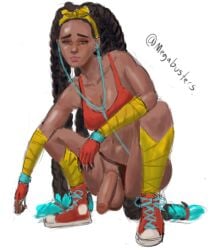 1futa balls brown_hair clothed clothing crop_top dark-skinned_futanari dark_skin dreadlocks eyeshadow fingerless_gloves flaccid futa_only futanari headphones human kimberly_jackson long_hair megabusters mostly_nude penis shoes solo squatting street_fighter street_fighter_6 thong_aside