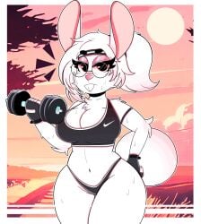 1girls big_breasts bra breasts bunny_ears exercise female female_only glasses gloves nike panties rabbit red_eyes sweat sweatdrop sweating thick_thighs weights white_fur wide_hips wireless_shiba workout workout_clothes