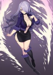 1girls absurdres alternate_costume black_choker black_dress black_footwear boots breasts camilla_(fire_emblem) center_opening choker cleavage cosplay dress female female_only fire_emblem fire_emblem_fates fishnet_top fishnets full_body fur-trimmed_boots fur-trimmed_jacket fur_trim highres impossible_clothes jacket king_of_fighters knee_boots large_breasts looking_at_viewer mari48240422 navel nintendo open_clothes open_jacket plunging_neckline purple_eyes purple_hair shermie_(kof)_(cosplay) side_slit solo wavy_hair