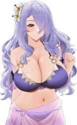 1girls absurdres bikini breasts camilla_(fire_emblem) camilla_(summer)_(fire_emblem) cleavage collarbone female female female_only fire_emblem fire_emblem_fates fire_emblem_heroes flower genm7 hair_flower hair_ornament hair_over_one_eye highres huge_breasts looking_at_viewer nail_polish navel nintendo o-ring o-ring_bikini official_alternate_costume pink_nails purple_bikini purple_eyes purple_hair purple_nails purple_swimsuit sarong see-through_sarong smile solo swimsuit teeth upper_body wavy_hair white_background