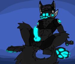 anthro cyan_penis glowing_eyes gray_fur knot looking_at_viewer male male_only paws penis protogen simplebackground tail