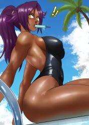 1girls absurdres ass big_ass big_butt bleach breasts dark-skinned_female echosaber fat_breasts female flat_belly large_breasts long_hair outside pool popsicle purple_hair shihouin_yoruichi solo swimsuit thick_thighs