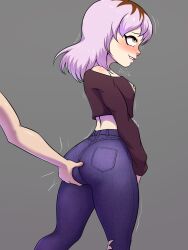 1girls amity_blight ass_grab biting_lip blush disney female female_focus firmly_grasp_it heartbeat jeans lepire long_hair offscreen_character purple_hair smile the_owl_house yellow_eyes