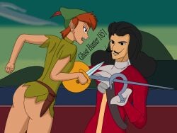 2boys androgynous black_eyes black_hair boat bottomless bubble_ass bubble_butt captain_hook dagger disney disney_channel fight fighting from_behind ghosthunter1851(artist) hat huge_ass huge_butt minidress ocean peter_pan_(disney) pirate red_hair round_ass short_hair sword