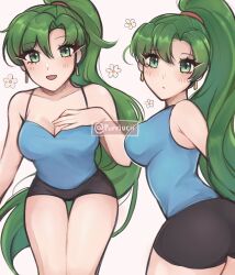 1girls artist_name ass big_ass black_shorts blue_tank_top breasts cleavage english_commentary female female_only fire_emblem fire_emblem:_the_blazing_blade flower green_eyes green_hair hair_tie hand_on_own_chest highres long_hair looking_at_viewer lyn_(fire_emblem) medium_breasts multiple_views nintendo open_mouth ponytail purrlucii short_shorts shorts smile solo tank_top thigh_gap upper_body very_long_hair watermark