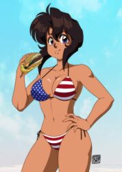 0tacat 1girls american_flag american_flag_bikini beach bikini black_hair breasts brown_hair burger clothed dark-skinned_female dark_hair dark_skin eating female female_focus female_only flag_bikini food gunsmith_cats hand_on_hip holding_burger holding_food holding_object human indian indian_female large_breasts looking_at_viewer navel rally_vincent short_hair side_tie_bikini solo solo_female standing swimsuit swimwear thick_thighs thighs wide_hips