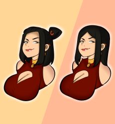 1girls alternate_hairstyle avatar_legends avatar_the_last_airbender azula big_breasts black_hair brown_eyes cleavage clothed_female earrings edit female female_only fire_nation hair_accessory hair_bun hair_tied hairpin joylewds krimreaper light_smile neckwear plump_lips recolor red_dress smirk solo