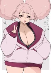 1girls breasts chuatury_panlunch gundam gundam_suisei_no_majo huge_breasts jacket japanese_text open_clothes open_jacket open_mouth otogi_tetsurou pink_hair pov teenage_girl teenager text tied_hair translation_request twintails