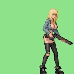 animated areolae big_breasts blonde_female blonde_hair blue_eyes bouncing_breasts bra_removed breasts breasts_out clothes edit female green_background gun justman knocked_down light_skin mp4 navel nipple_slip nipples no_sound parasite_in_city pixel_art pixel_factory sex tagme thighhighs video wardrobe_malfunction