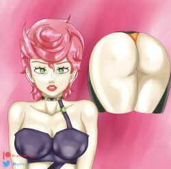 1girls ass big_ass bizdrawings breasts clothed female female_focus female_only green_eyes human jojo's_bizarre_adventure light-skinned_female light_skin looking_at_viewer pink_hair red_lipstick revealing_clothes short_hair shounen_jump simple_background solo trish_una vento_aureo