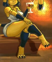 5:6 animal_crossing ankha ankha_(animal_crossing) anthro beverage breasts claws clothed clothing digitigrade domestic_cat dress felid feline felis female hair hi_res mammal nintendo painterdreamer sitting tail white_clothing white_dress yellow_arms yellow_body yellow_fingers yellow_hands yellow_legs yellow_tail