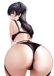 1girls absurdres ass black_hair blunt_bangs blush bow bra breasts brown_eyes cameltoe cl_(summer_sama) female frills highres huge_ass idolmaster idolmaster_shiny_colors light-skinned_female light_skin lingerie long_hair looking_at_viewer mayuzumi_fuyuko medium_breasts multicolored_hair open_mouth panties parted_lips pussy pussy_peek simple_background solo streaked_hair the_idolm@ster underwear white_background