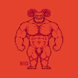 abs anthro b1g balls biceps big_biceps big_chest big_latissimus_dorsi big_muscles big_pecs big_penis big_trapezius broad_shoulders curled_horn demon digital_media_(artwork) fangs feet fist flaccid genitals horn humanoid latissimus_dorsi male monochrome muscular muscular_arms muscular_male muscular_thighs navel obscured_eyes obscured_face pecs penis pixel_(artwork) red_body restricted_palette short_legs simple_background snout solo stocky teeth thick_neck thick_thighs trapezius turnaround underbite