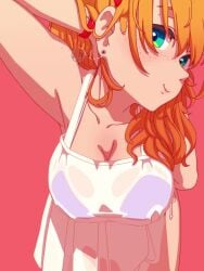 animated bikini blue_bikini breasts cleavage earrings female freckles fxx green_eyes hanging_breasts jewelry long_hair no_bra no_sound orange_hair red_nails removing_bikini_top removing_bra_under_shirt smile solo swimsuit tagme two_side_up video