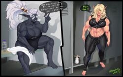 2023 2futas abs balls barefoot behelliths big_breasts big_penis blonde_hair blood_elf breasts bulge cleavage clothed clothing dark-skinned_futanari dark_grey_body dialogue duo elf english_text flaccid fully_clothed futa_only futanari gachimuchi grey-skinned_futanari grey_skin huge_breasts huge_cock humanoid humanoid_penis kerebrien large_breasts light-skinned_futanari light_skin locker_room meme midriff muscular muscular_futanari nalynth night_elf penis pointy_ears standing text thick_thighs van_darkholme white_hair world_of_warcraft